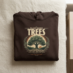 Dark chocolate unisex hoodie with “Plant More Trees” logo graphic and front pocket