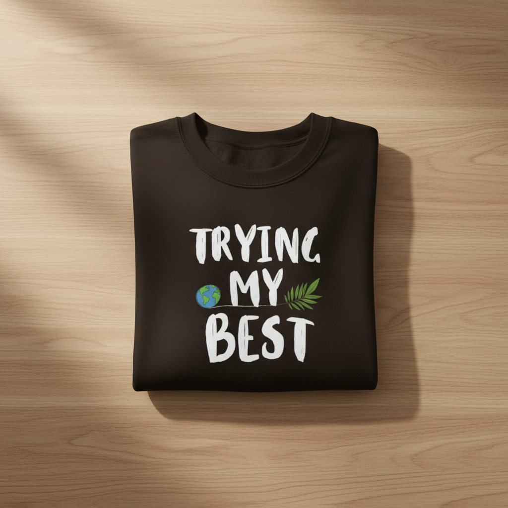 Dark chocolate sweatshirt with 'TRYING MY BEST' quote and globe with leaves graphic