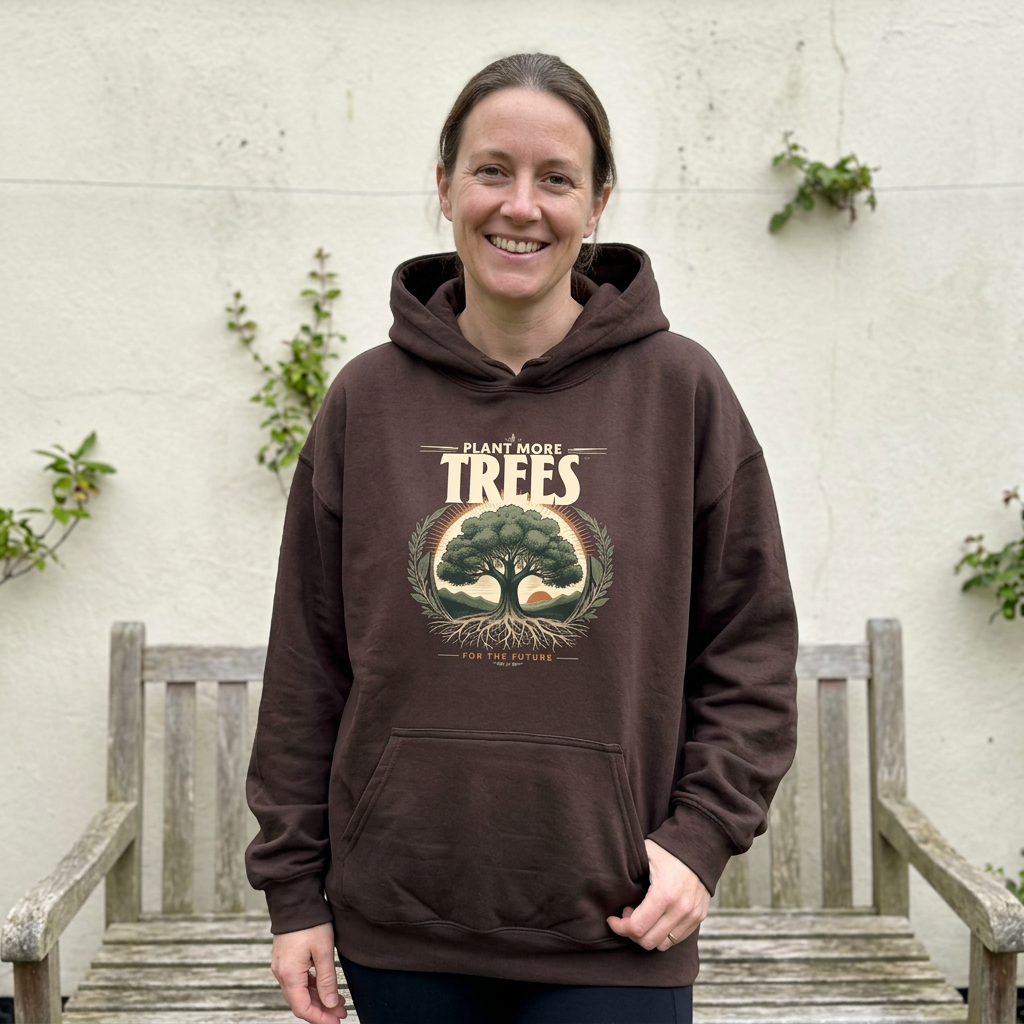 Dark chocolate unisex hoodie worn outdoors, with “Plant More Trees” chest graphic