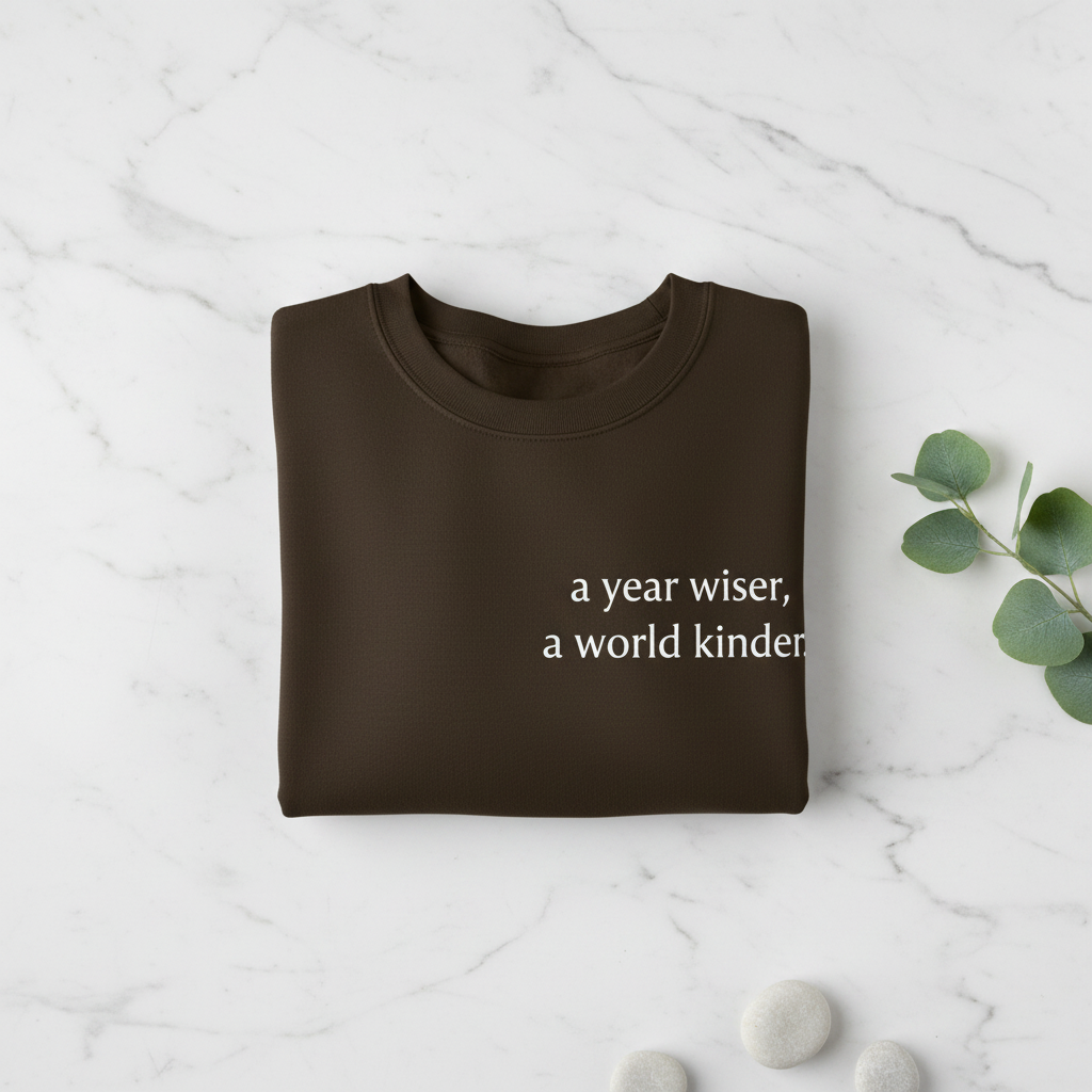 Brown sweatshirt with “a year wiser, a world kinder.” front lettering.