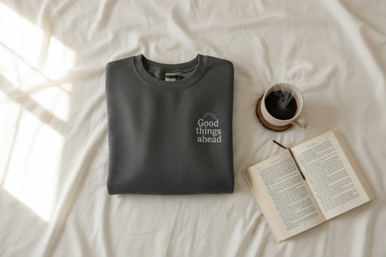 Charcoal gray crewneck sweatshirt with chest logo