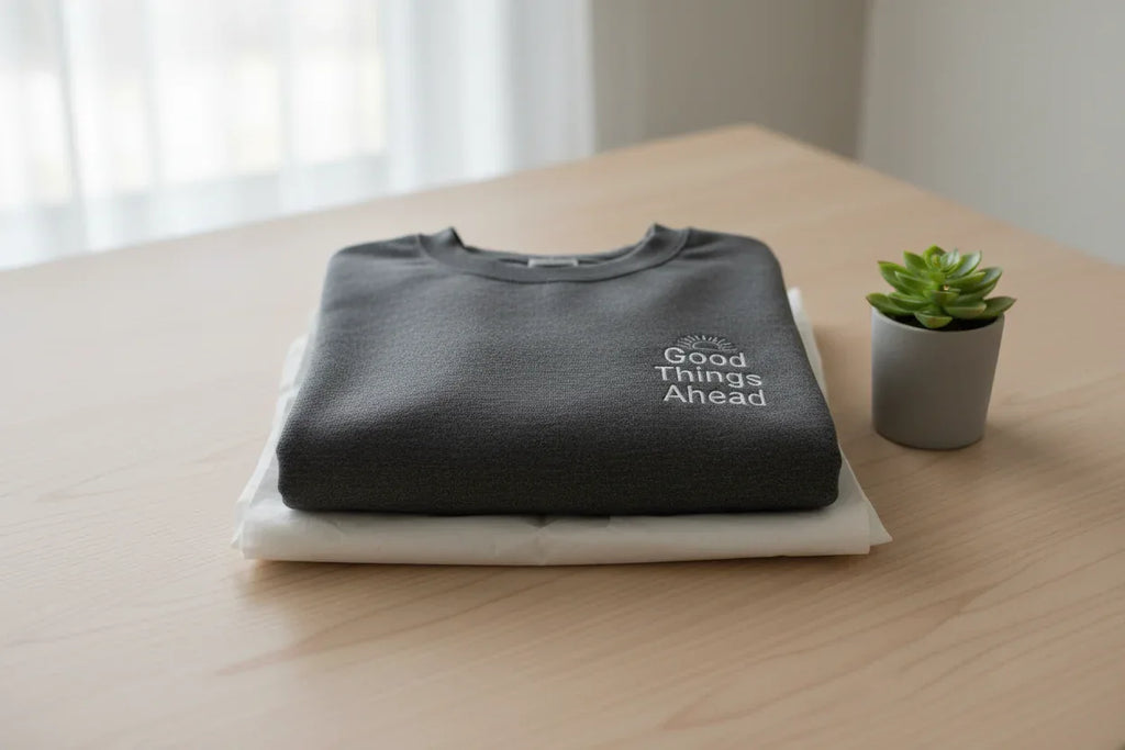 Folded dark gray crewneck sweatshirt with small chest logo
