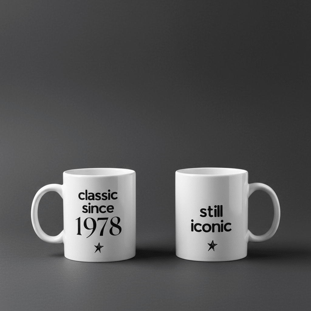 Two white ceramic coffee mugs side by side: “classic since 1978” and “still iconic”