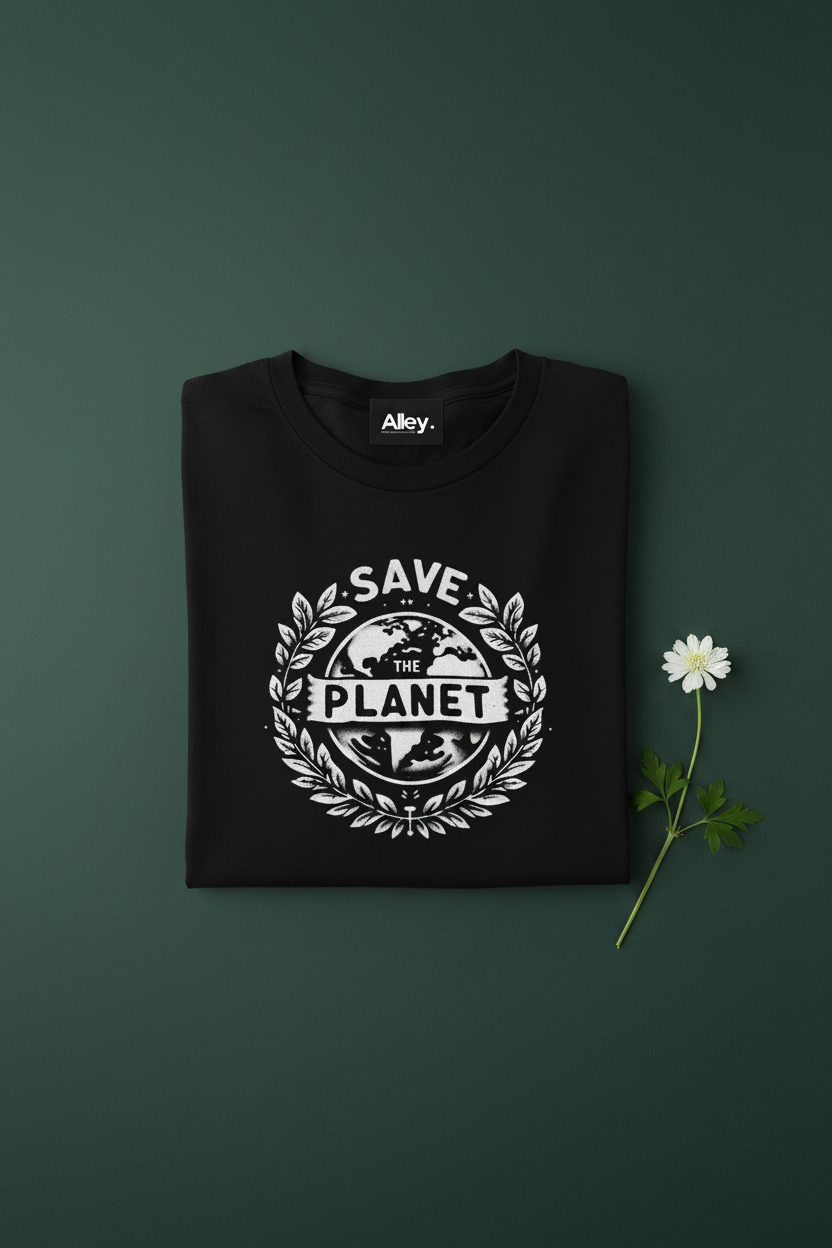 Black Aley. T-shirt with Save the Planet emblem graphic, crew neck, short sleeves
