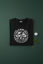 Black Aley. T-shirt with Save the Planet emblem graphic, crew neck, short sleeves