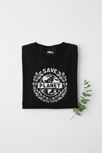 Black Aley. T-shirt with Save the Planet emblem graphic, crew neck, short sleeves