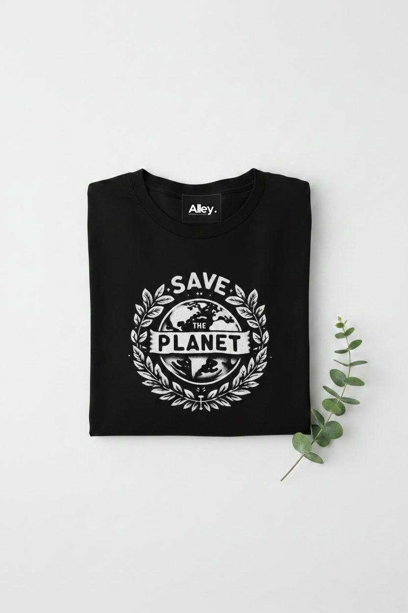 Black Aley. T-shirt with Save the Planet emblem graphic, crew neck, short sleeves