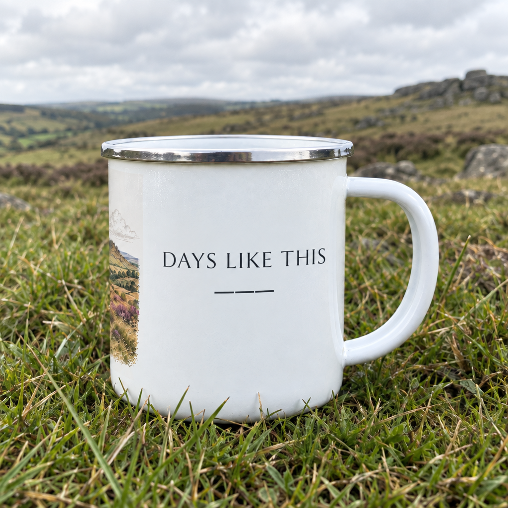 Personalised enamel camping mug, white with text “DAYS LIKE THIS” and handle