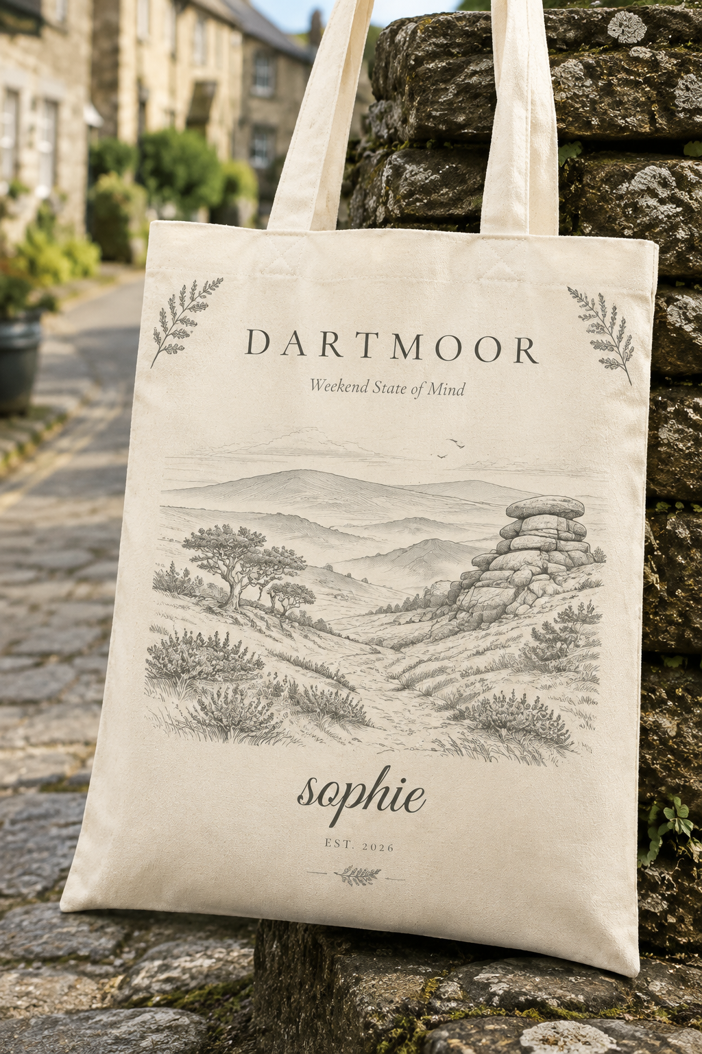 White canvas tote bag with Dartmoor scenic illustration and printed name Sophie