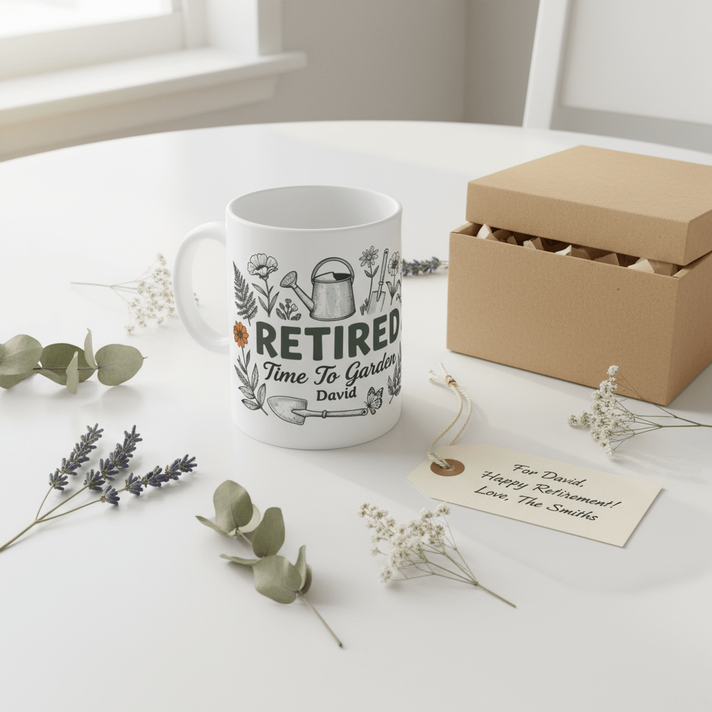 White retired garden mug with 'RETIRED' and floral watering-can design, David