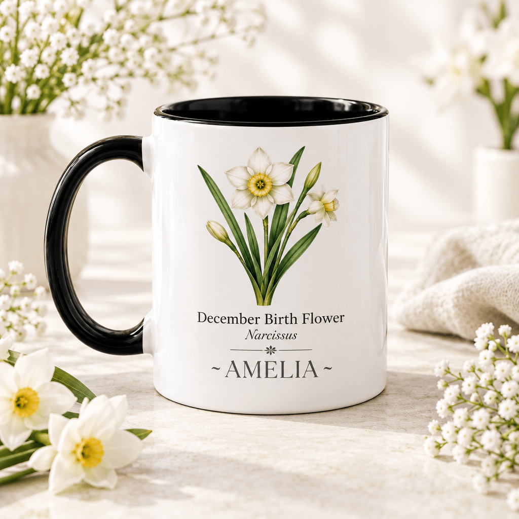 Personalised birth flower mug with black handle; December narcissus; name AMELIA.