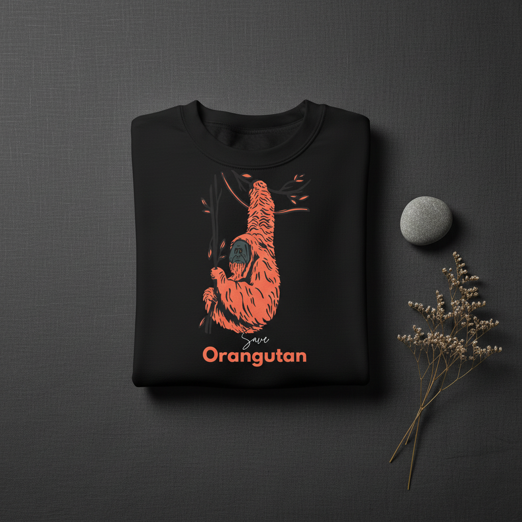 Black crew sweatshirt with orange orangutan graphic on the chest