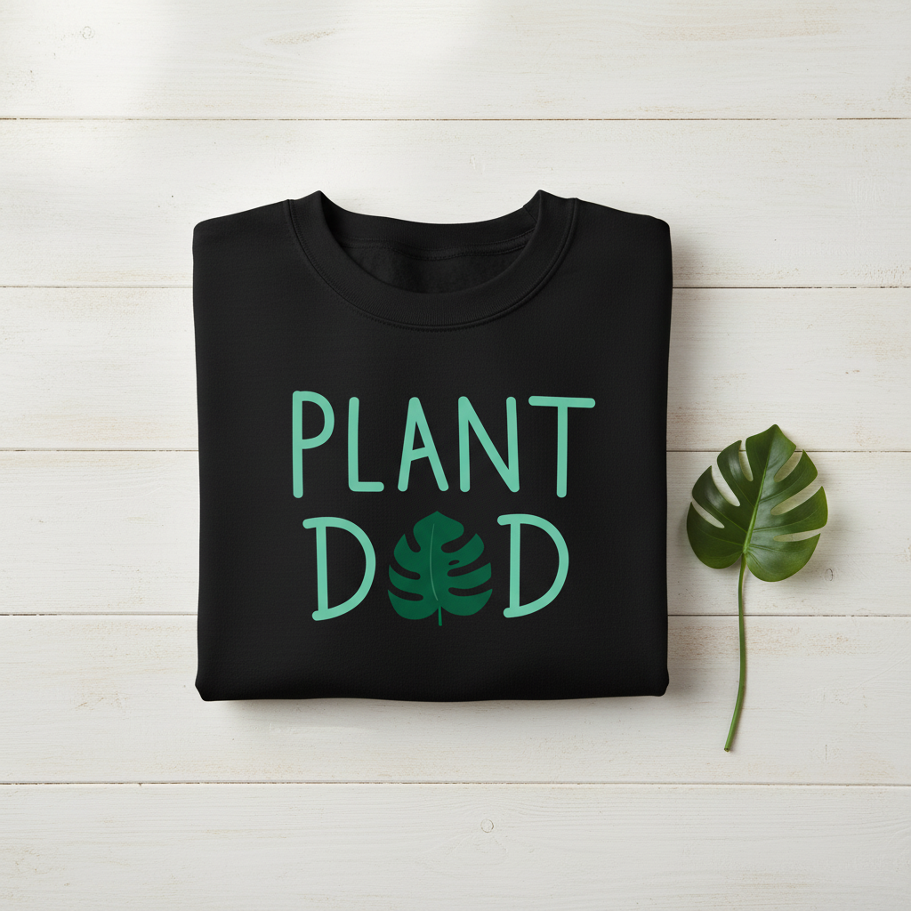 Black crewneck sweatshirt with “PLANT DED” plant graphic, folded display
