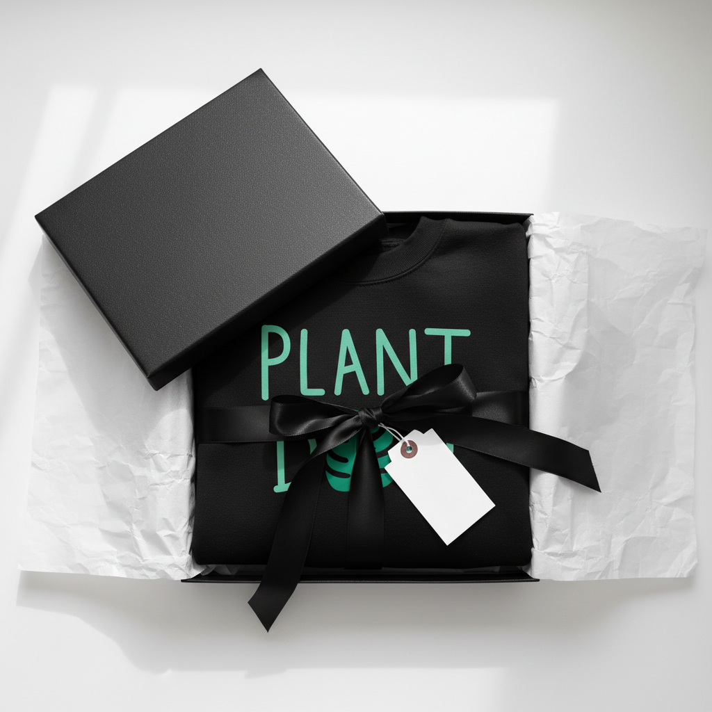 Black sweatshirt with 'PLANT' text and plant icon, folded in gift box