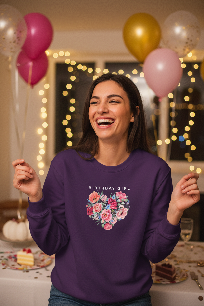 Purple sweatshirt with "BIRTHDAY GIRL" text and floral heart graphic