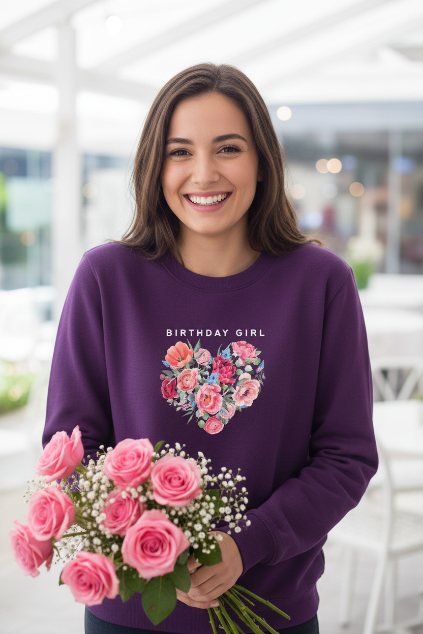 Purple sweatshirt with floral heart design and "BIRTHDAY GIRL" on the chest