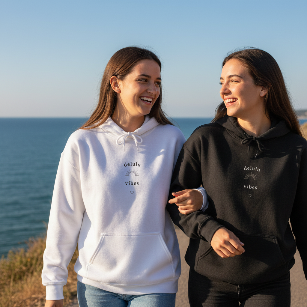 Light blue and black hoodies with drawstring hoods, each showing a small chest slogan