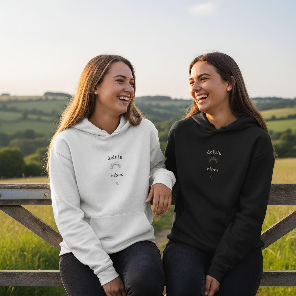 White hoodie with drawstring hood and small chest slogan graphic in dark print