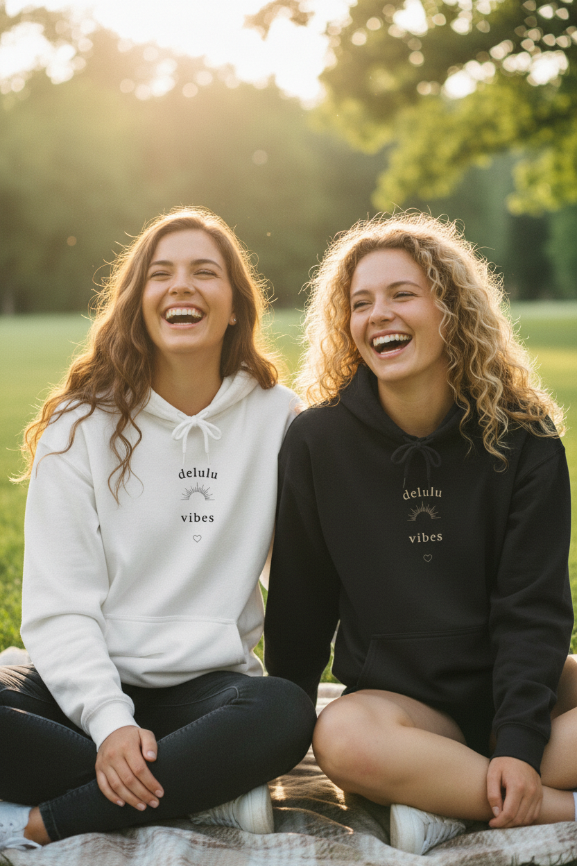 White and black hoodies with drawstring hoods, each with a small chest slogan graphic