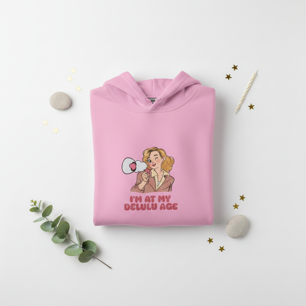 Pink hooded sweatshirt folded flat with woman megaphone graphic and front pocket