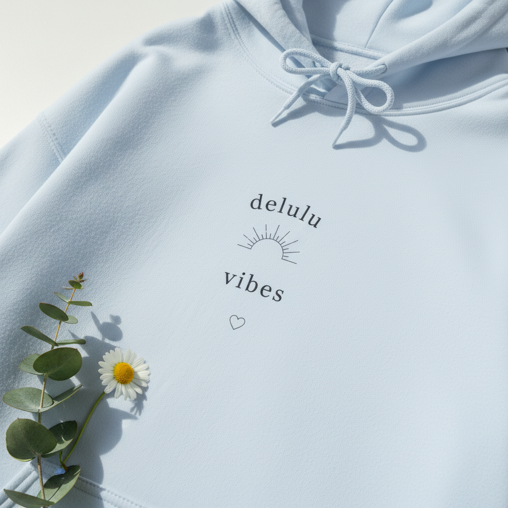 Light blue hoodie with 'delulu vibes' logo, heart icon, daisy and botanical applique.