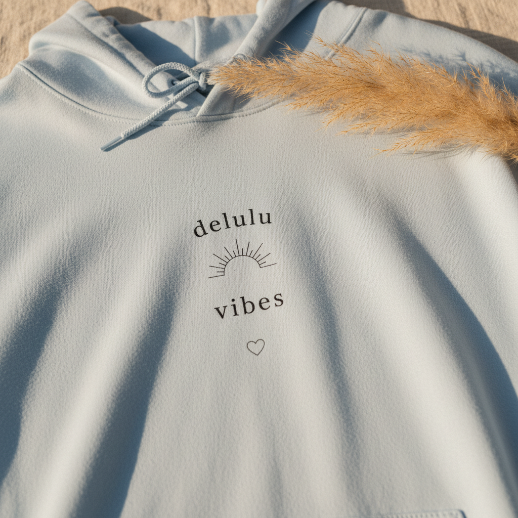 Light blue hoodie with 'delulu vibes' print, heart icon, long dried grass accent.