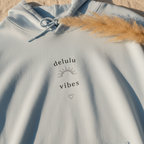 Light blue hoodie with 'delulu vibes' print, heart icon, long dried grass accent.