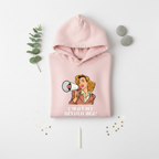 Rose hooded sweatshirt with woman holding a megaphone graphic and front pocket