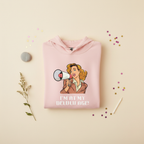 Pink hooded sweatshirt with megaphone character graphic on chest