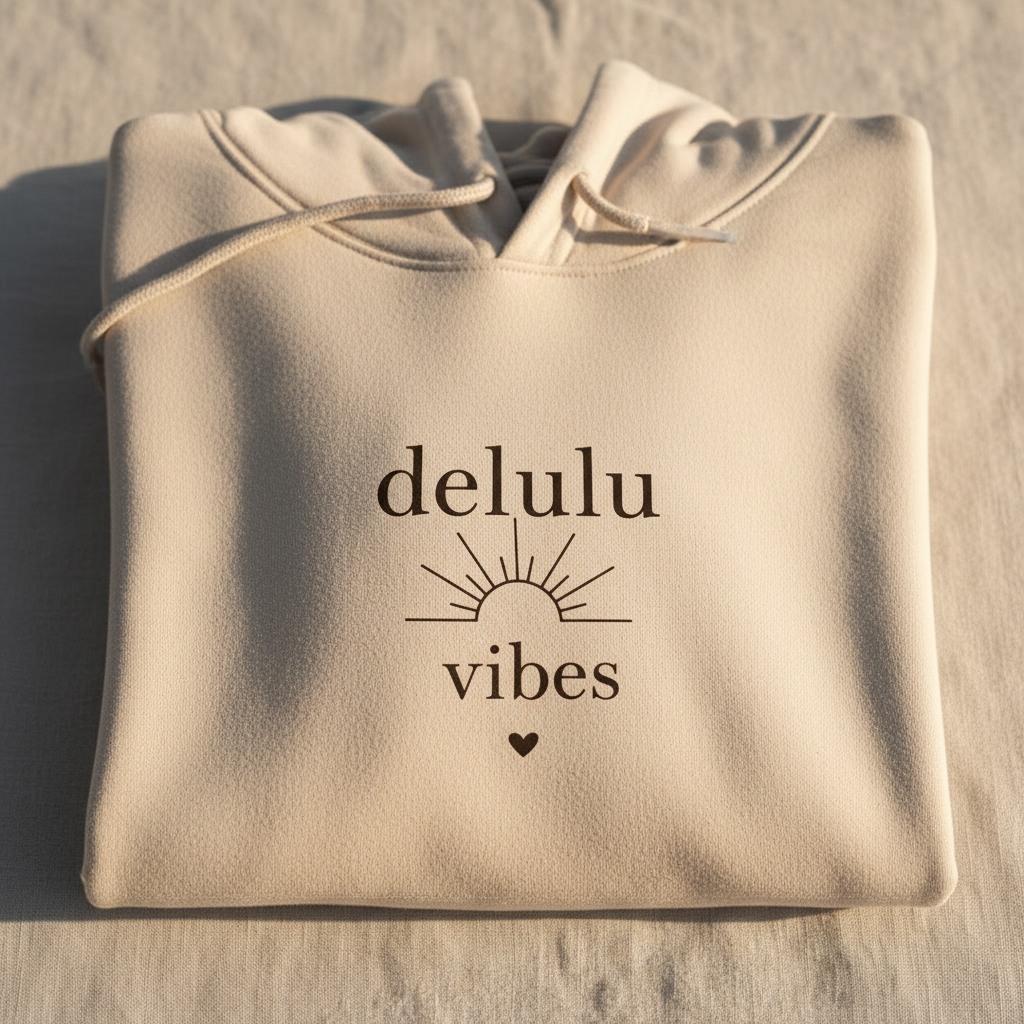 Cream delulu vibes hoodie with hood and kangaroo pocket, folded front view