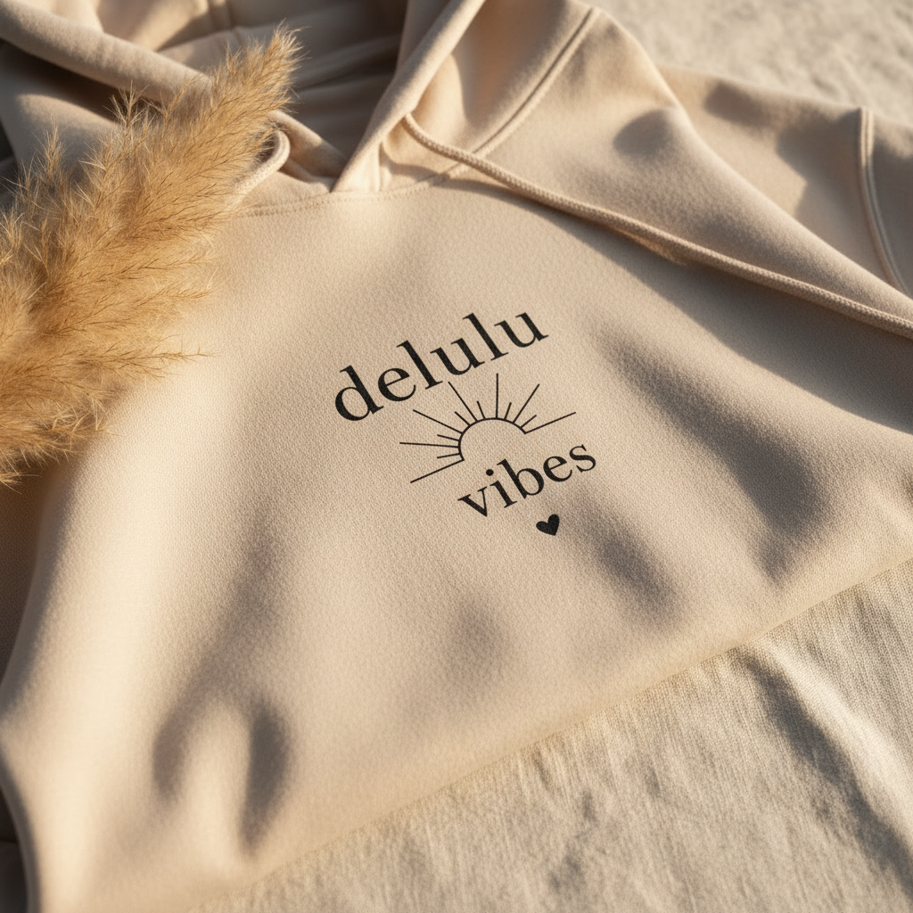 Cream delulu vibes hoodie with front graphic and hood drawstrings, close-up