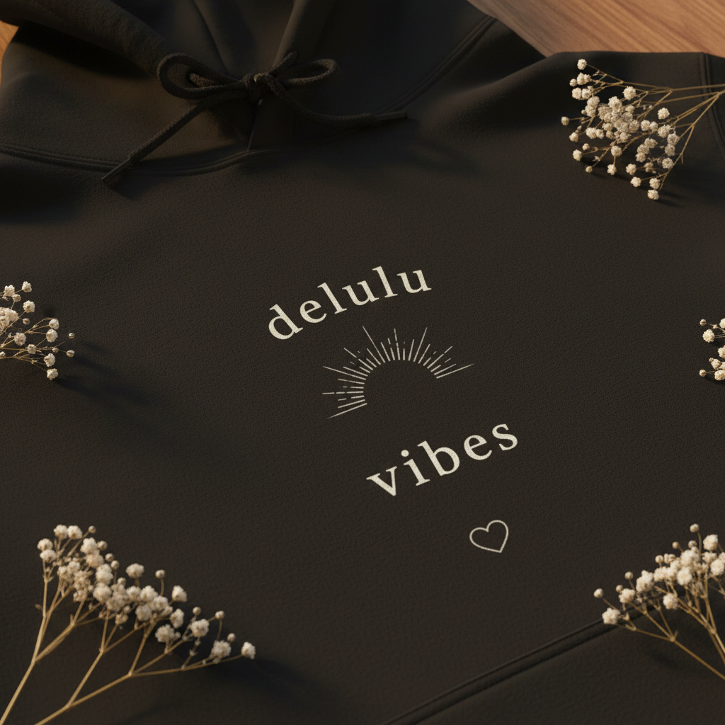 Black hoodie with 'delulu vibes' print, heart icon and white botanical accents, close-up.