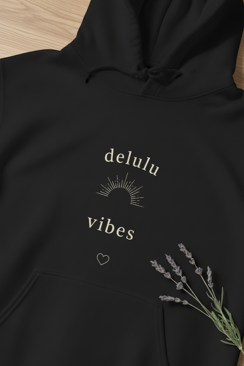 Black hoodie with 'delulu vibes' logo, small heart, drawstring hood and floral detail.
