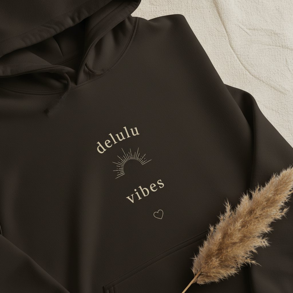 Dark brown hoodie close-up with “delulu vibes” logo and drawstring hood detail.