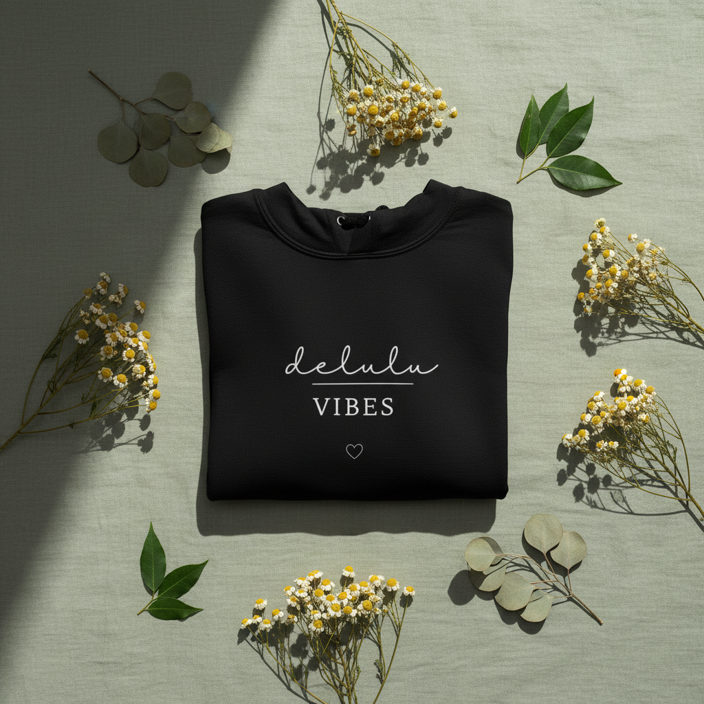 Folded black hoodie with delulu vibes slogan and small heart below