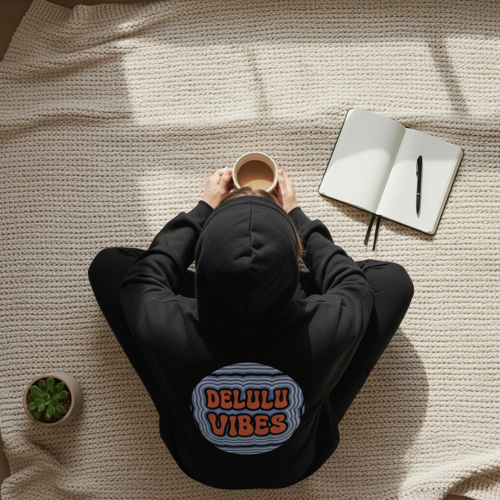Black hoodie with circular "DELULU VIBES" chest graphic and hooded back
