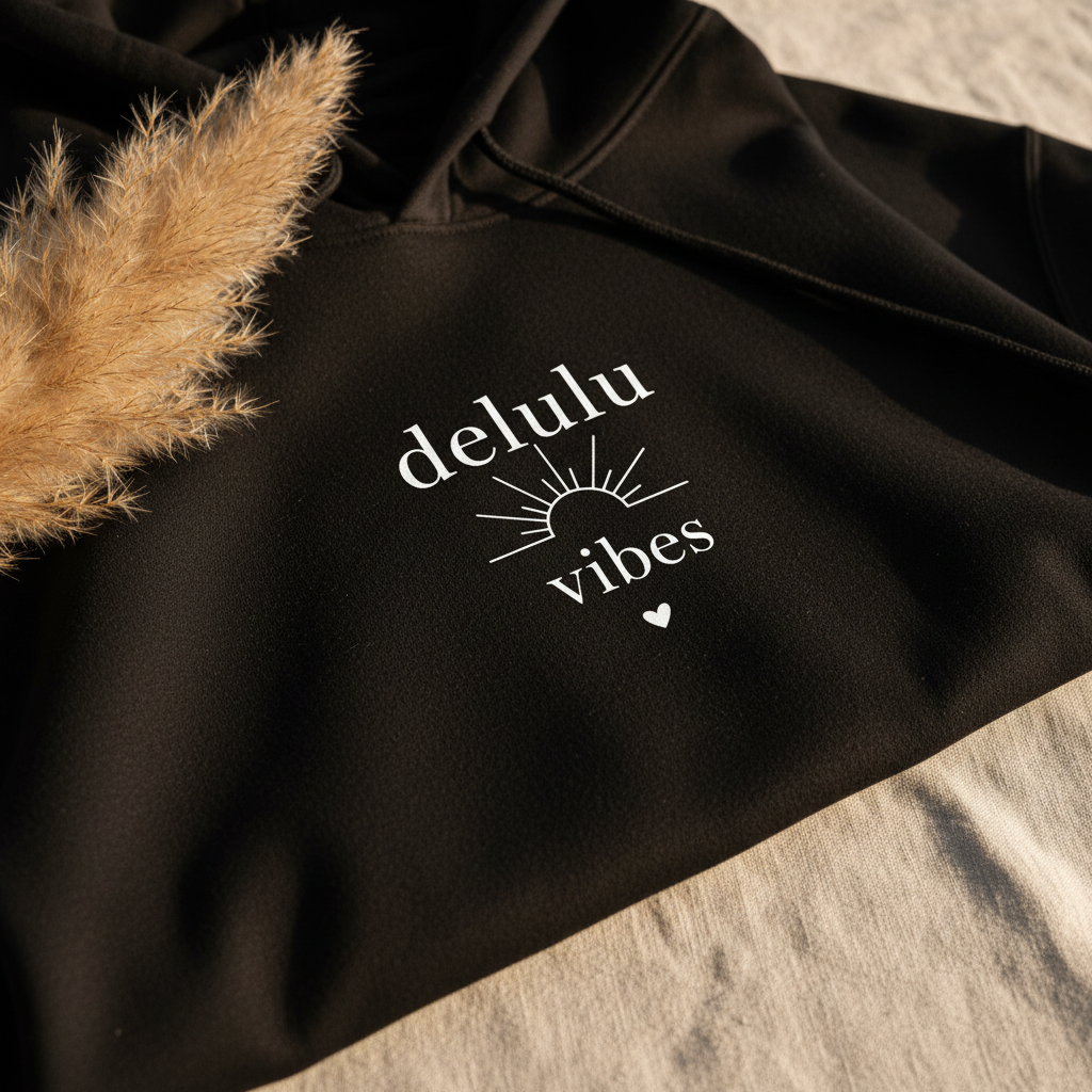 Black hoodie close-up with “delulu vibes” logo on chest and drawstring hood.