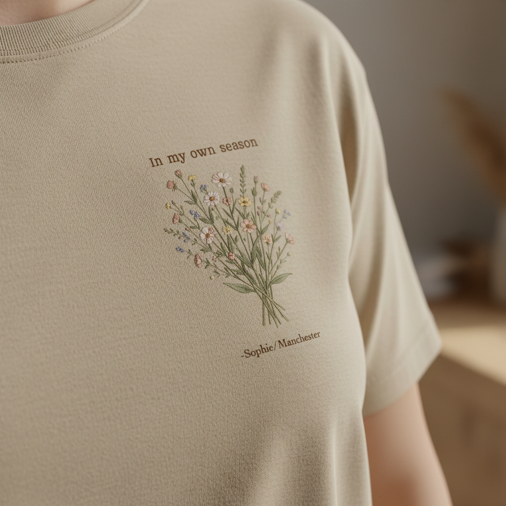 Personalised cream t-shirt with small botanical design and "In my own season" text, Sophie/Manchester
