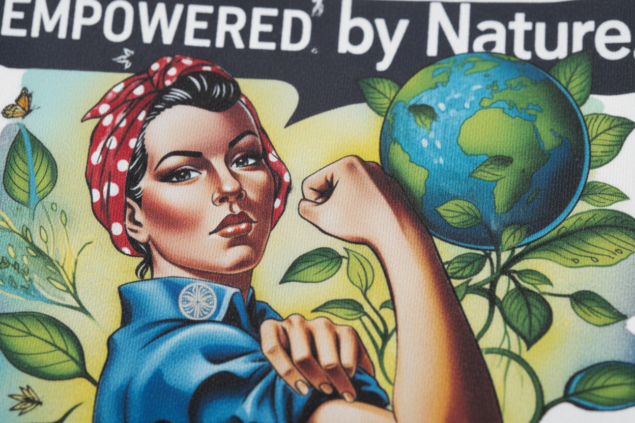Close-up of 'Empowered by Nature' graphic on white T-shirt, woman holding globe and leaves