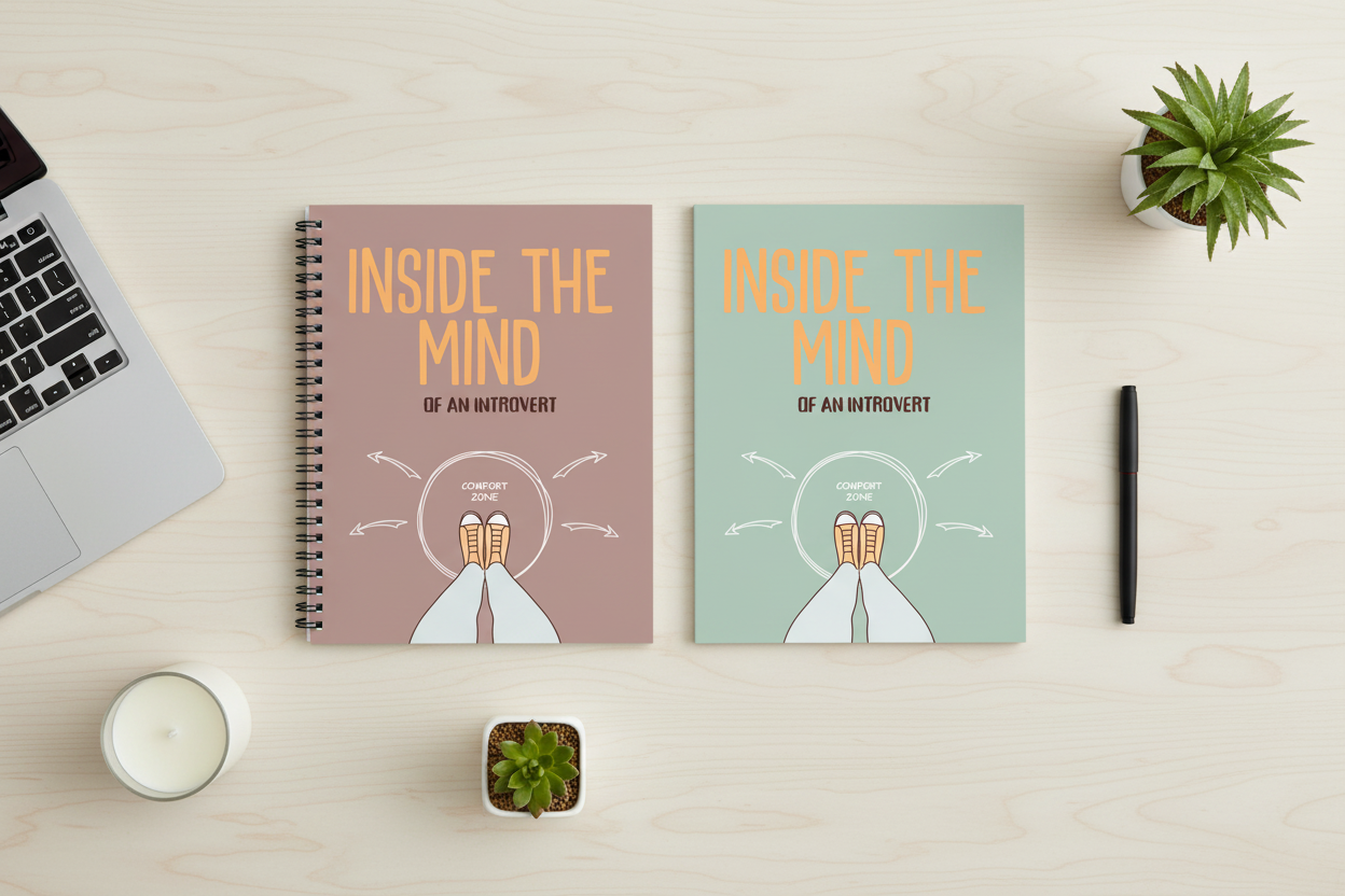 Two A5 spiral notebooks with lined pages, covers “INSIDE THE MIND” in mauve and teal