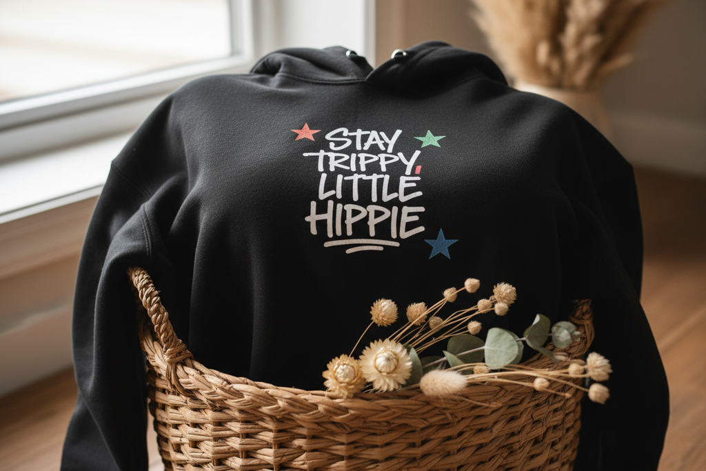 Black hoodie with back colorful star and text graphic "Stay Trippy Little Hippie"