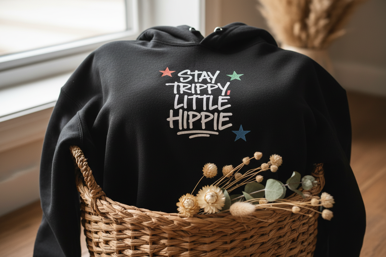 Black hoodie with back colorful star and text graphic "Stay Trippy Little Hippie"