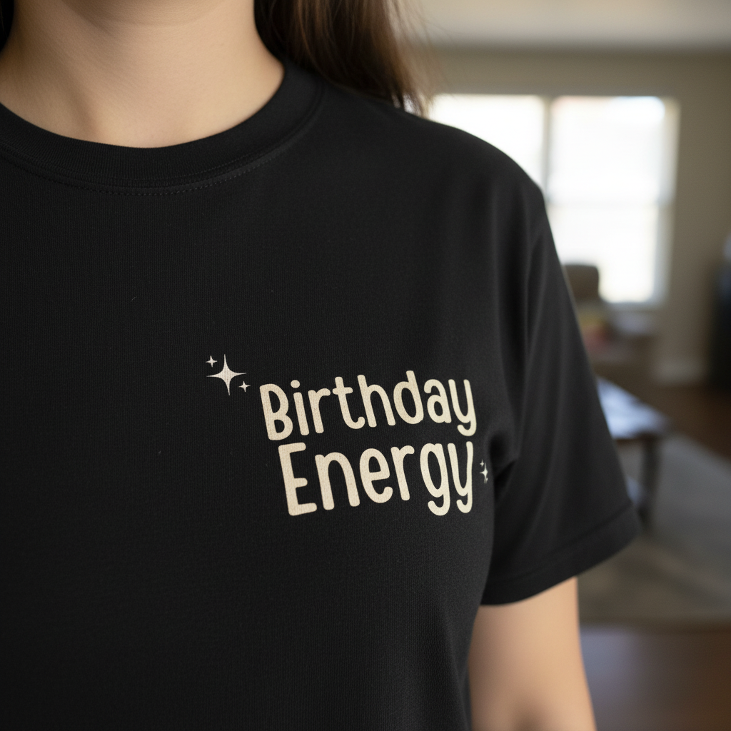 Black Birthday Energy T-shirt with front text graphic and small sparkle accents
