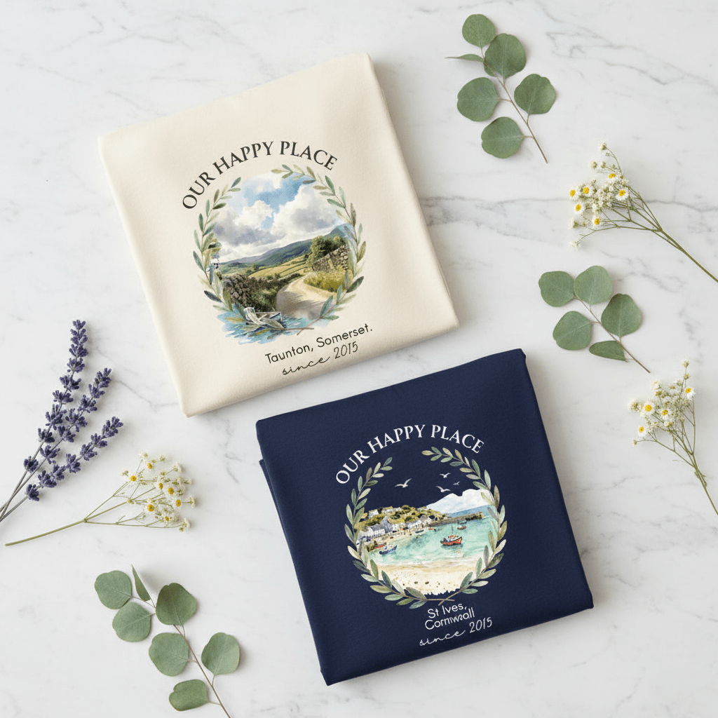 Personalised crew-neck T-shirts, cream and navy, each with circular scenic wreath graphic