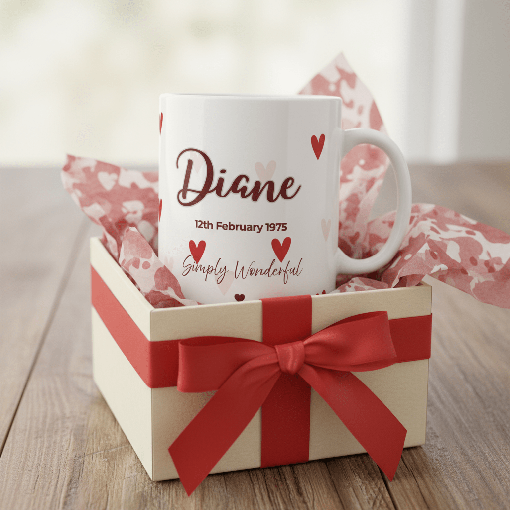 White ceramic heart mug with “Diane” and small red heart details, date text