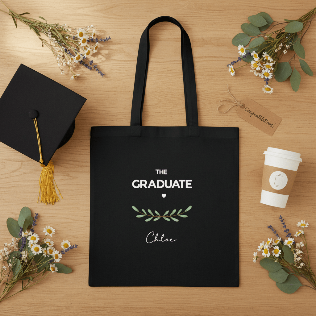 Black graduation tote bag on wood with “THE GRADUATE”, green laurel, and name Chloe