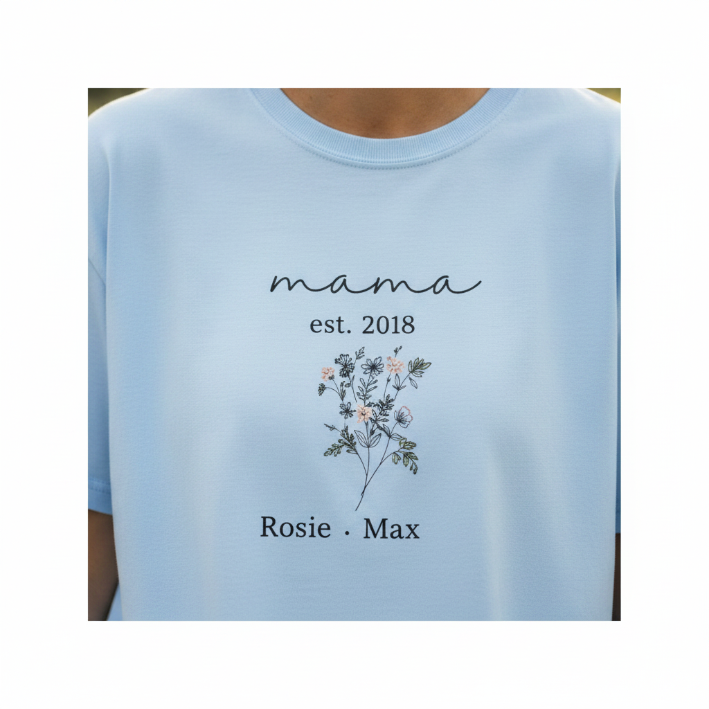 Light blue T-shirt with “mama est. 2018,” floral bouquet, and names “Rosie • Max”.