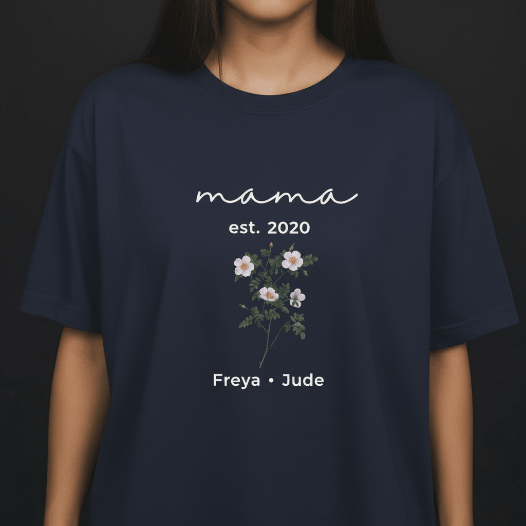 Navy T-shirt with “mama est. 2020” script, floral bouquet graphic, and “Freya • Jude” text