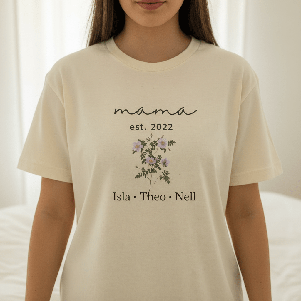 Cream mama T-shirt with floral bouquet, est. text, and Isla Theo Nell