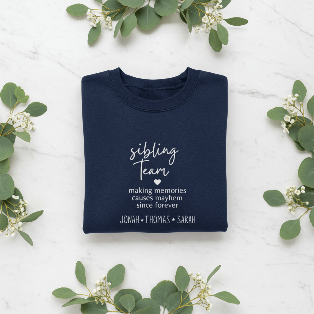 Navy crewneck sweatshirt featuring 'sibling team' quote graphic